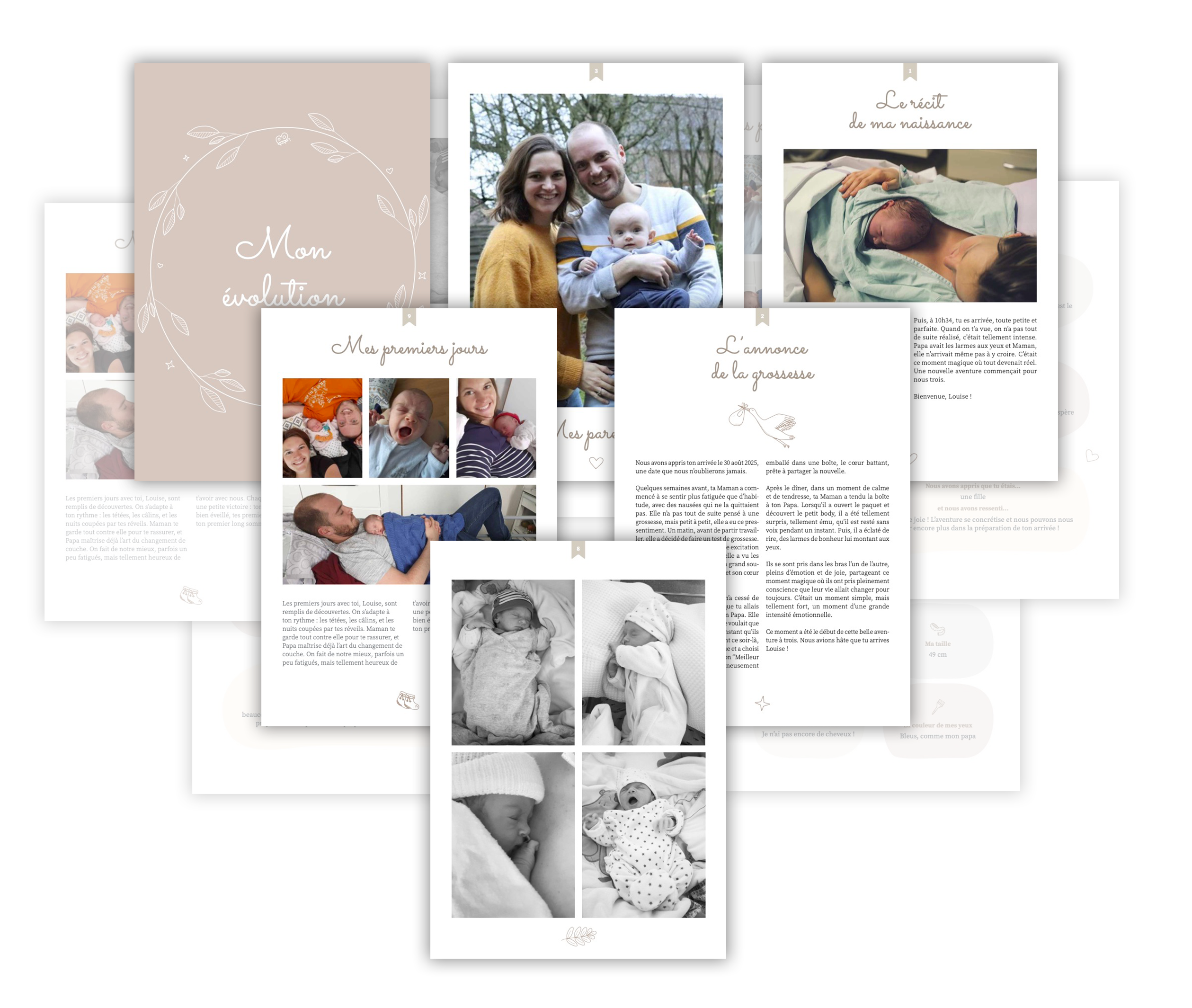 exemples pages mockup livre de naissance application