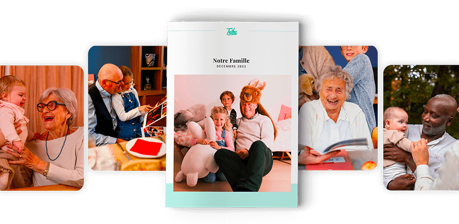 Grands-parents découvrant leur journal Tribu — un moment de complicité partagé avec toute la famille