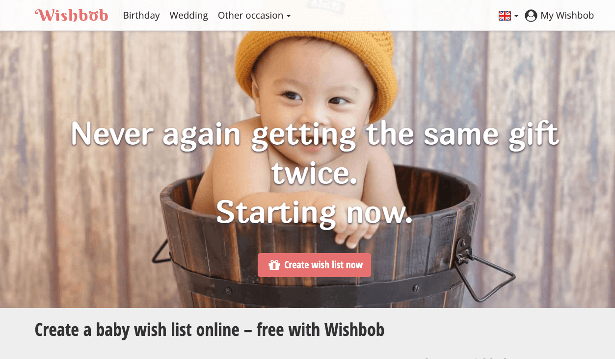 Example of an online baby registry created with Wishbob